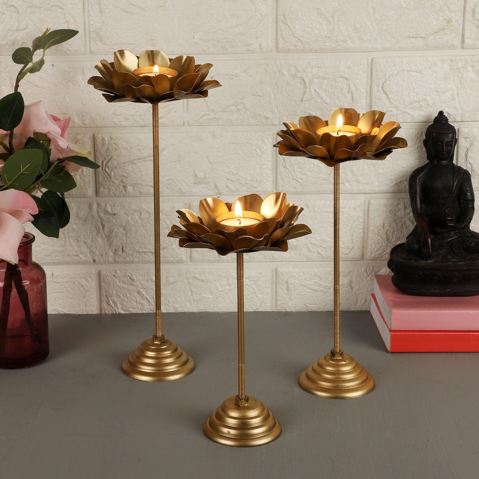Buy Candle Stand - Decorative Flower Tealight Set Of 3 | Golden Detachable Diya Stand by Amaya Decors on IKIRU online store