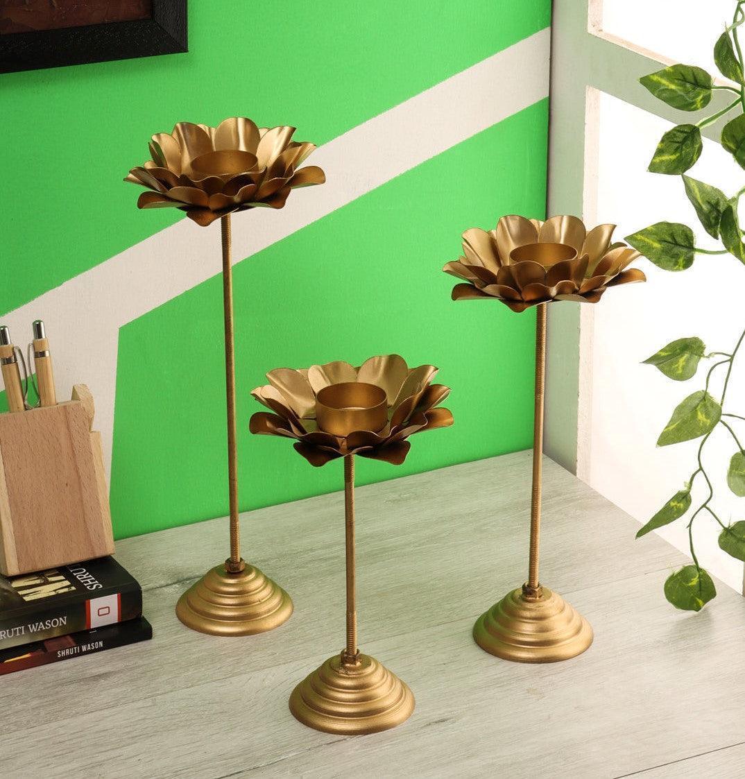 Buy Candle Stand - Decorative Flower Tealight Set Of 3 | Golden Detachable Diya Stand by Amaya Decors on IKIRU online store