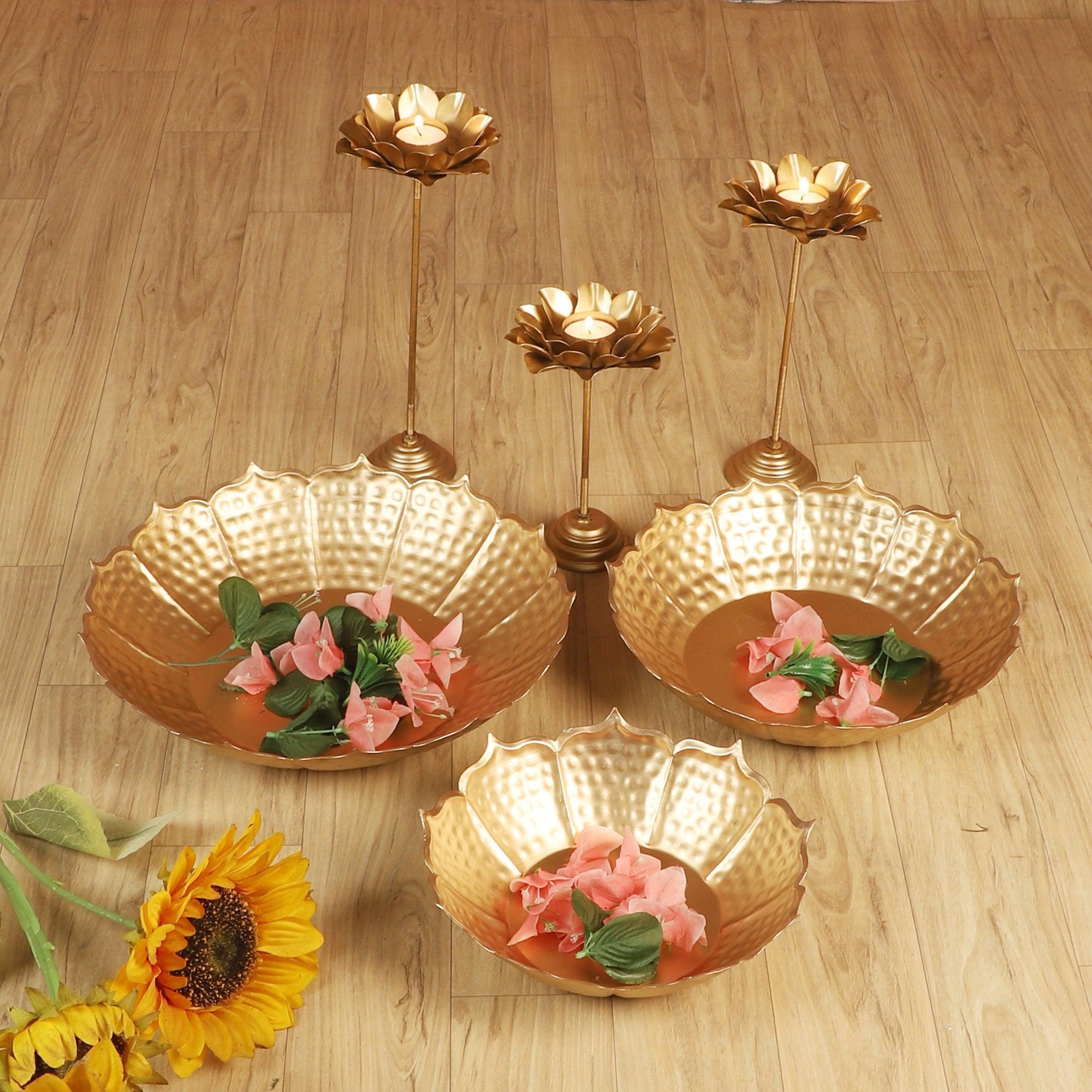 Buy Candle Stand - Decorative Flower Urli With Diya Stand Pack Of 6 | Golden Bowl & Tealight Holder Set by Amaya Decors on IKIRU online store