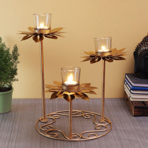 Buy Candle Stand - Decorative Glass Finish Sunflower Tealight Holder With Gold Metallic Base by Amaya Decors on IKIRU online store