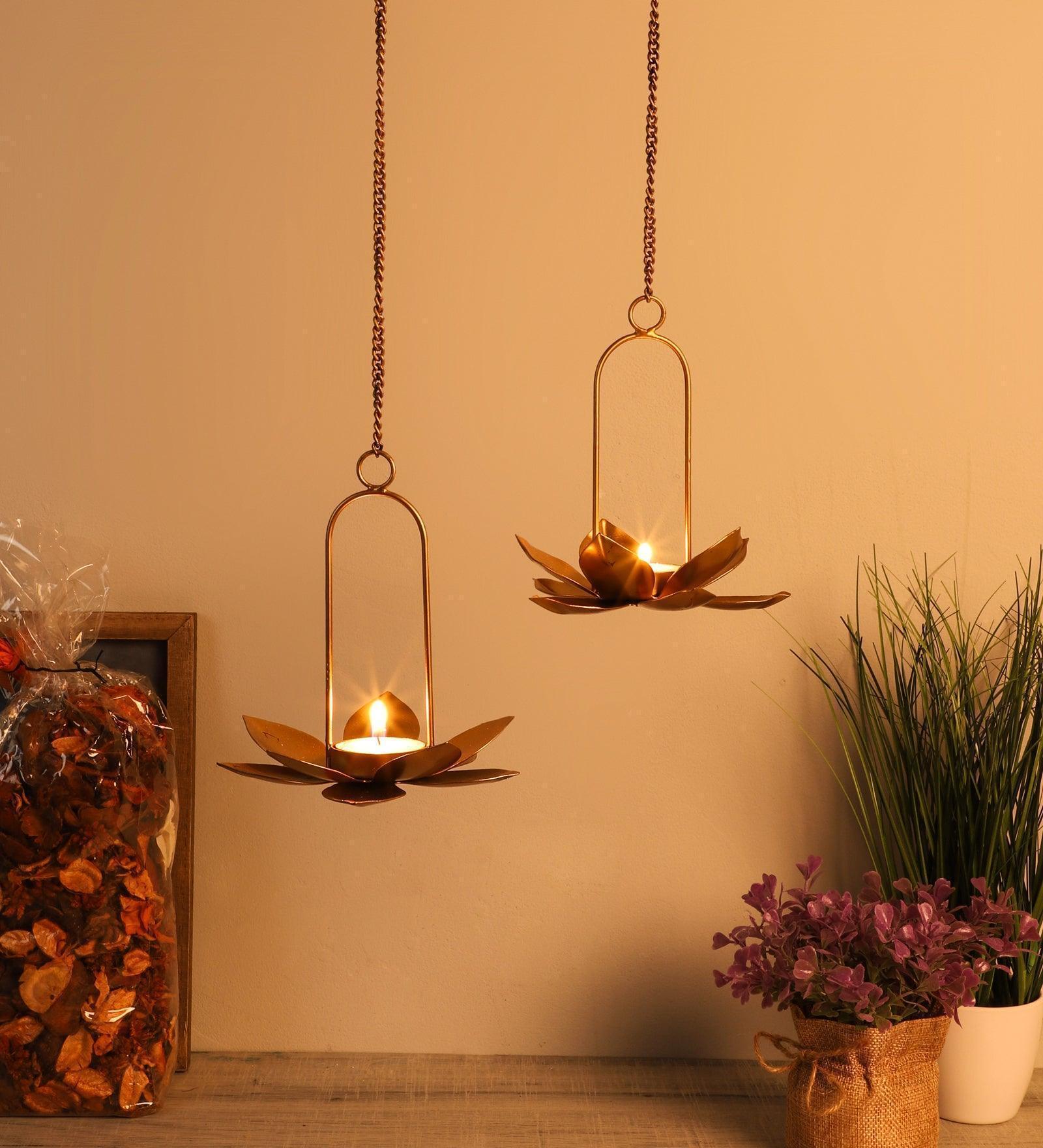 Buy Candle Stand - Decorative Hook Flower Hanging Tealight Holder Golden - Set Of 2 by Amaya Decors on IKIRU online store