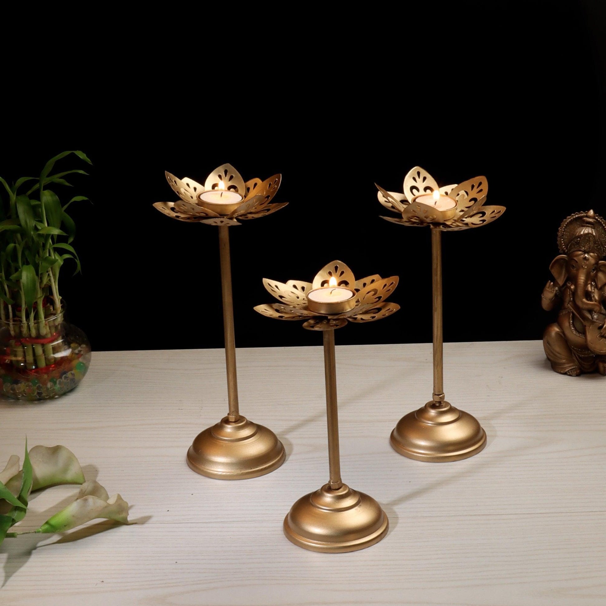 Buy Candle Stand - Golden Flower Cut Detachable Tealight Holder Set Of 3 | Diya Stand For Decor by Amaya Decors on IKIRU online store