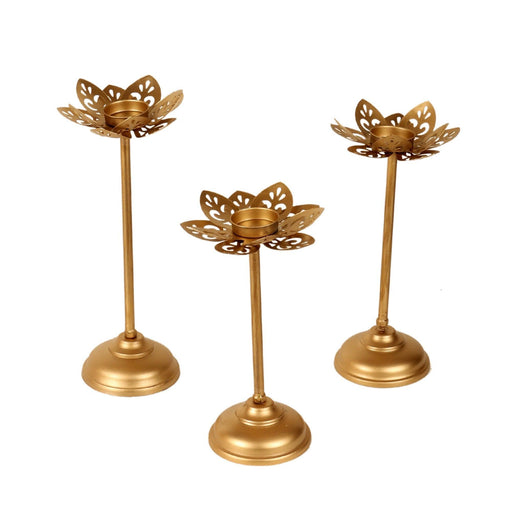 Buy Candle Stand - Golden Flower Cut Detachable Tealight Holder Set Of 3 | Diya Stand For Decor by Amaya Decors on IKIRU online store