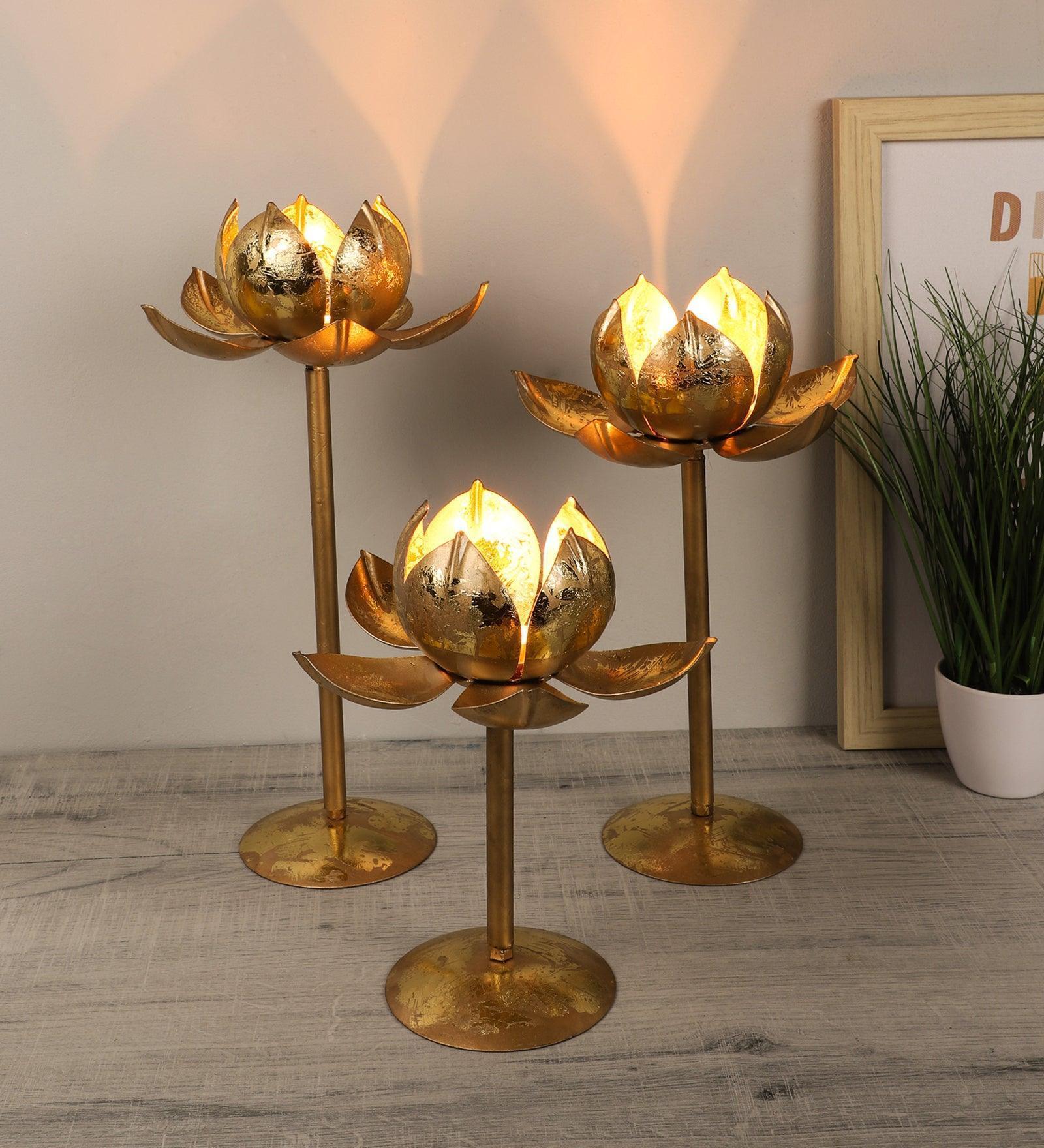 Buy Candle Stand - Golden Metallic Lotus Flower Tealight Holder Set Of 3 For Home Decor by Amaya Decors on IKIRU online store