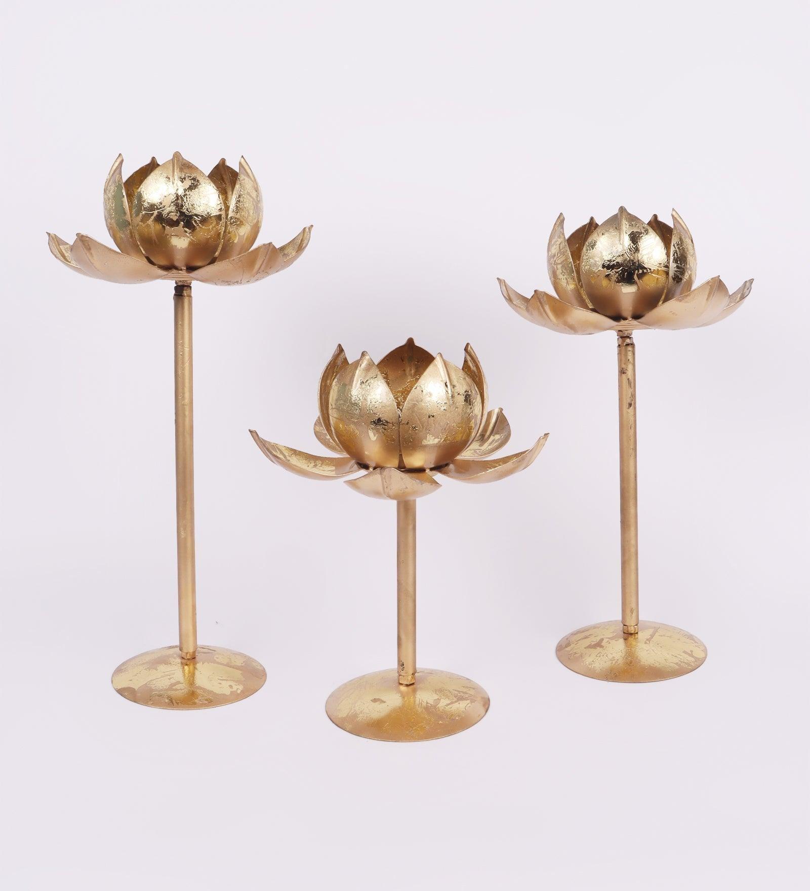 Buy Candle Stand - Golden Metallic Lotus Flower Tealight Holder Set Of 3 For Home Decor by Amaya Decors on IKIRU online store