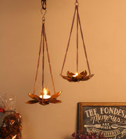 Buy Candle Stand - Golden Triple Chain Flower Hanging Tealight Holder For Decor - Set Of 2 by Amaya Decors on IKIRU online store