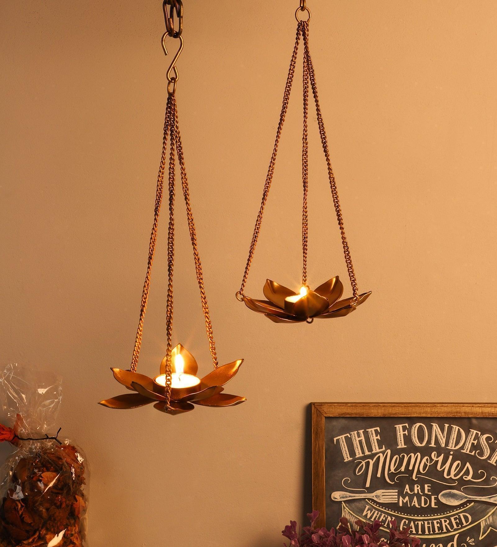 Buy Candle Stand - Golden Triple Chain Flower Hanging Tealight Holder For Decor - Set Of 2 by Amaya Decors on IKIRU online store