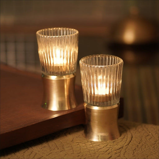 Buy Candle Stand - Konkan Brass & Glass T Light Candle Holder Stand Set Of 2 For Living Room & Festive Decor by Courtyard on IKIRU online store