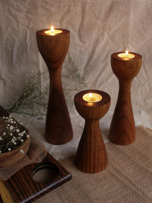 Buy Candle Stand - Set of 3 Tall Wooden Pillar Tea Lights Candle and Diya Holder For Decor by Studio Indigene on IKIRU online store