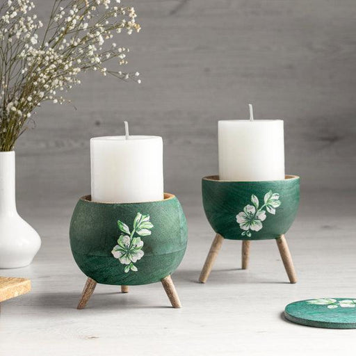 Buy Candle Stand - Stylish Wooden Green Tealight Candle Holder Stand For Table Decor & Gifting - Set of 2 by Houmn on IKIRU online store