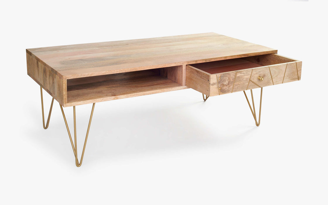 Buy Center Table - Natural & Brass Finish Art Deco Coffee Table | Wooden Center Table For Living Room by Orange Tree on IKIRU online store