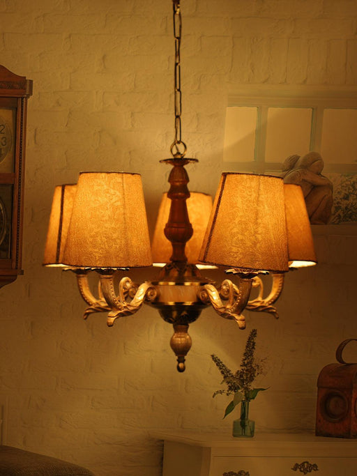 Buy Chandelier - Golden Aluminum & Fabric White 5 Light Living Room Chandelier | Hanging Lamp For Home Decor by Fos Lighting on IKIRU online store