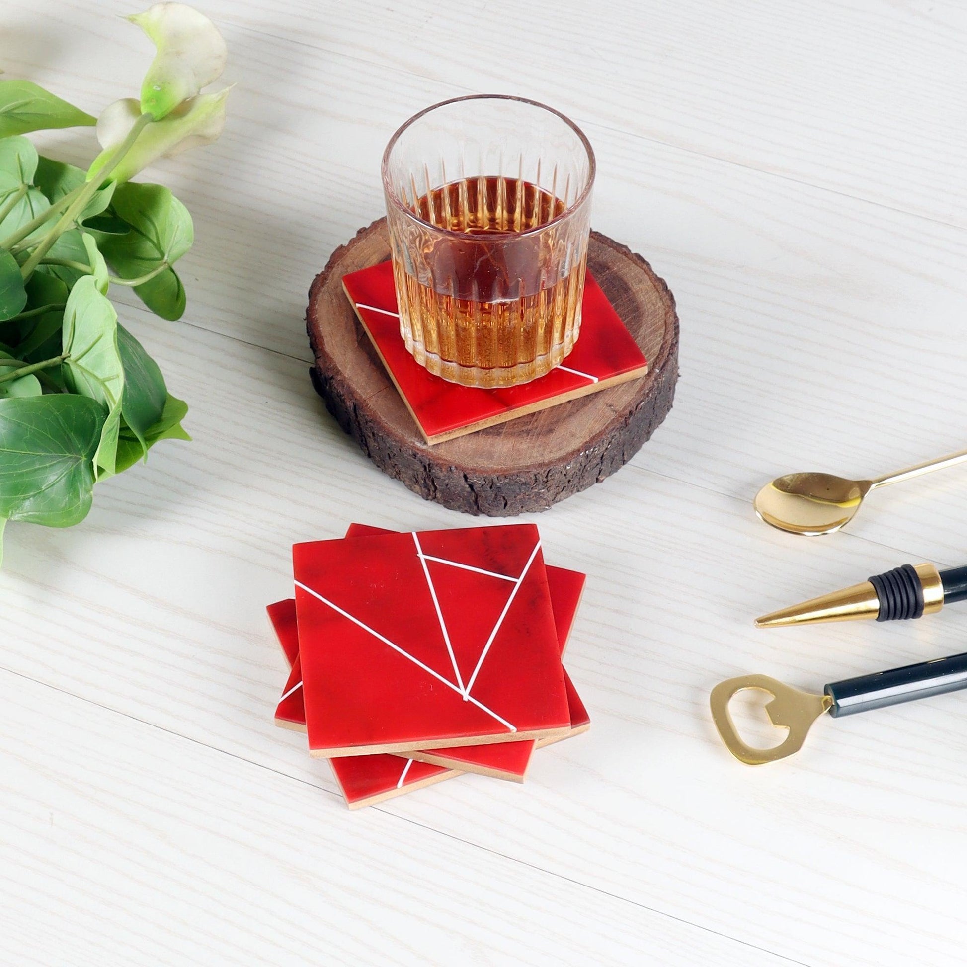 Buy Coaster - Decorative Resin Square Red & White Coaster Set Of 4 For Table by Amaya Decors on IKIRU online store