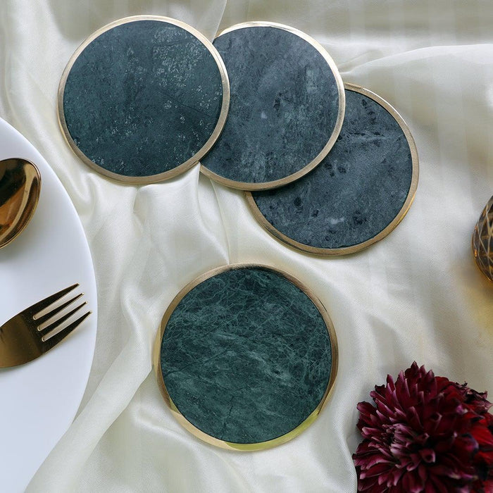 Buy Round Coasters For Table Stone & Brass Ring Set of 4 Online - Ikiru