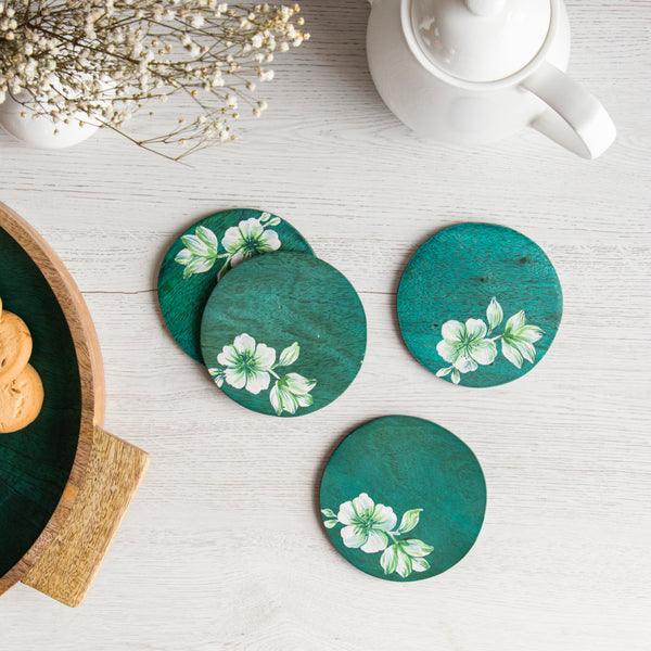 Buy Coaster - Set of 4 Round Tea & Coffee Table Coasters | Teal Green Printed Wooden Coaster by Houmn on IKIRU online store