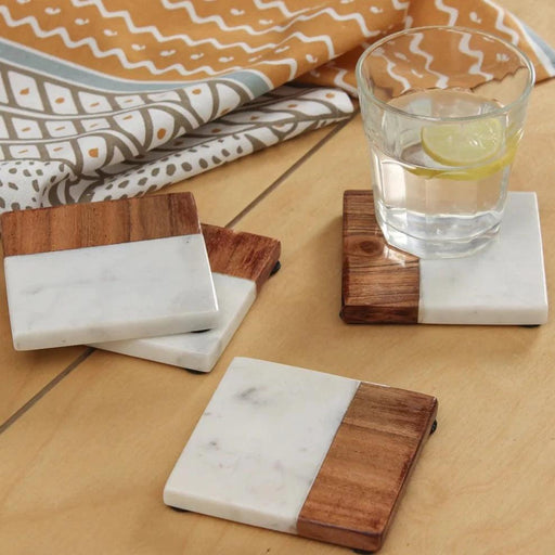 Buy Coaster - Square Wood and Marble Tea and Coffee Coasters Set 4 For Table Decor by House this on IKIRU online store