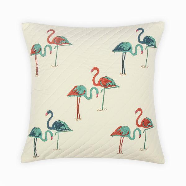 Buy Cushion cover - Flamingo Block Printed Cotton Cushion Cover For Living Room, White by Houmn on IKIRU online store