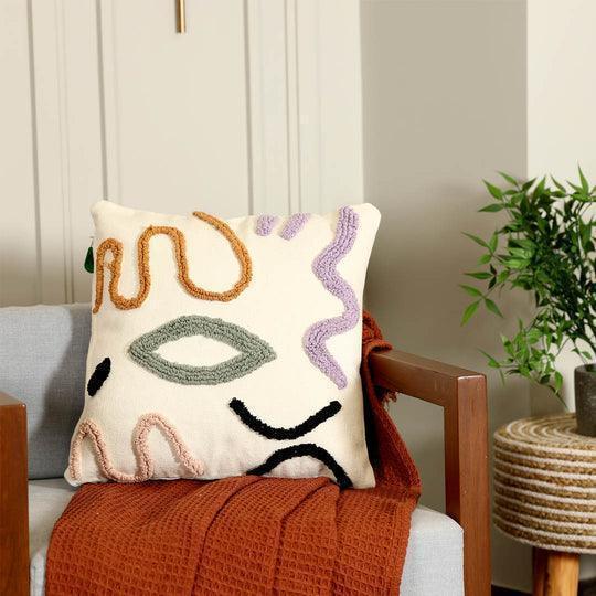 Multi Colour Cotton Abstract Tufted Cushion Cover For Living Room Home IKIRU