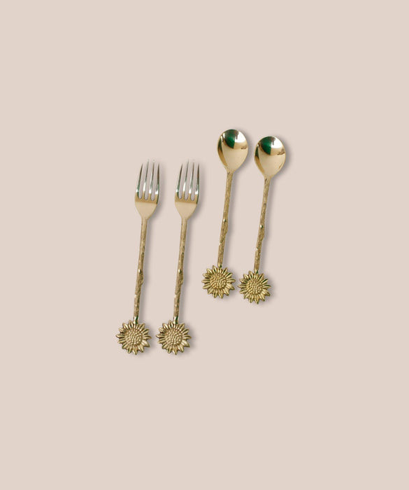 Buy Cutlery - Antique Finish Sunflower Brass Cutlery For Dining Table | Spoon & Fork Serveware Set Of 4 by Kaksh Studio on IKIRU online store