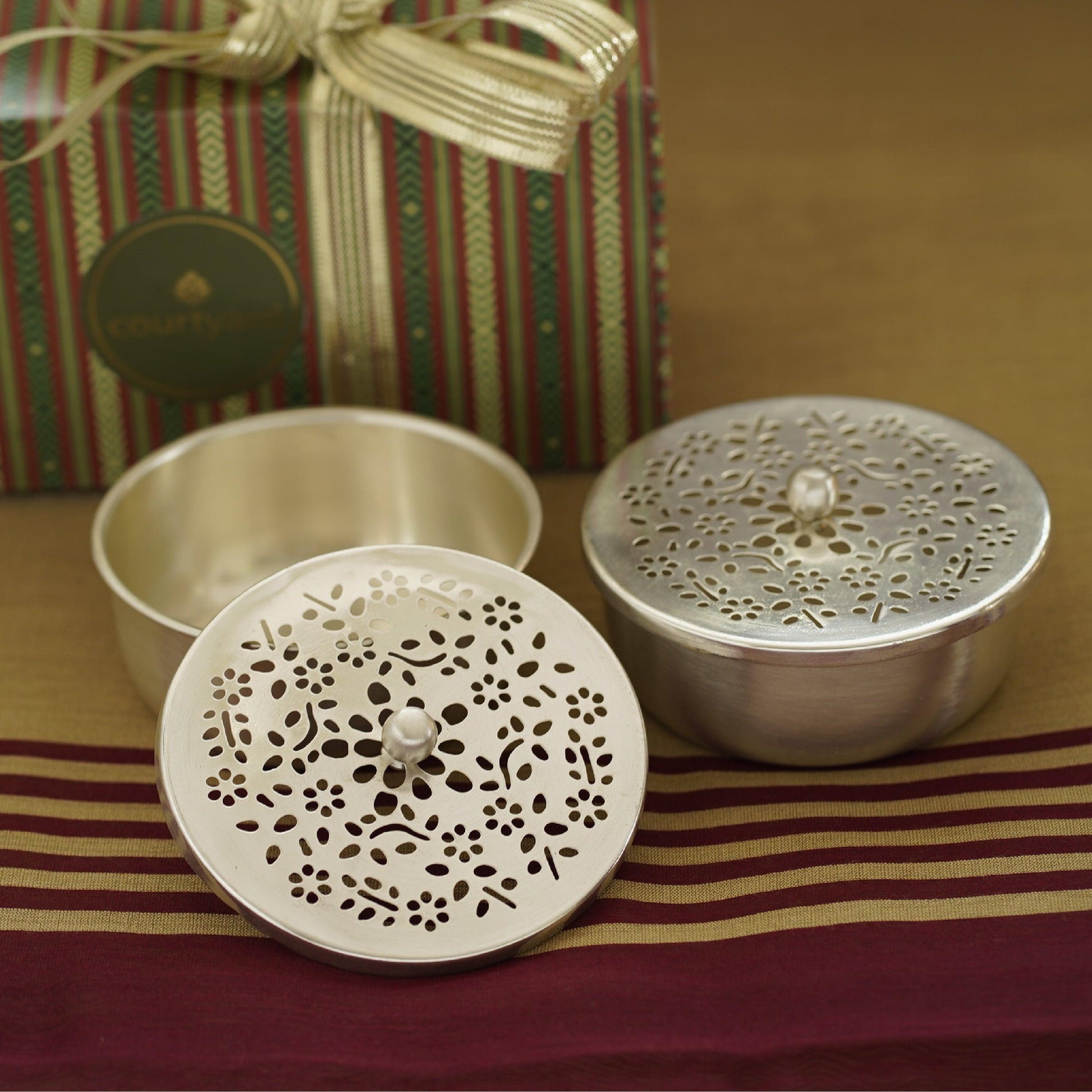 Buy Decor Objects - Silver Handmade Brass Nut Box And Gift Set For Kitchen & Serveware by Courtyard on IKIRU online store