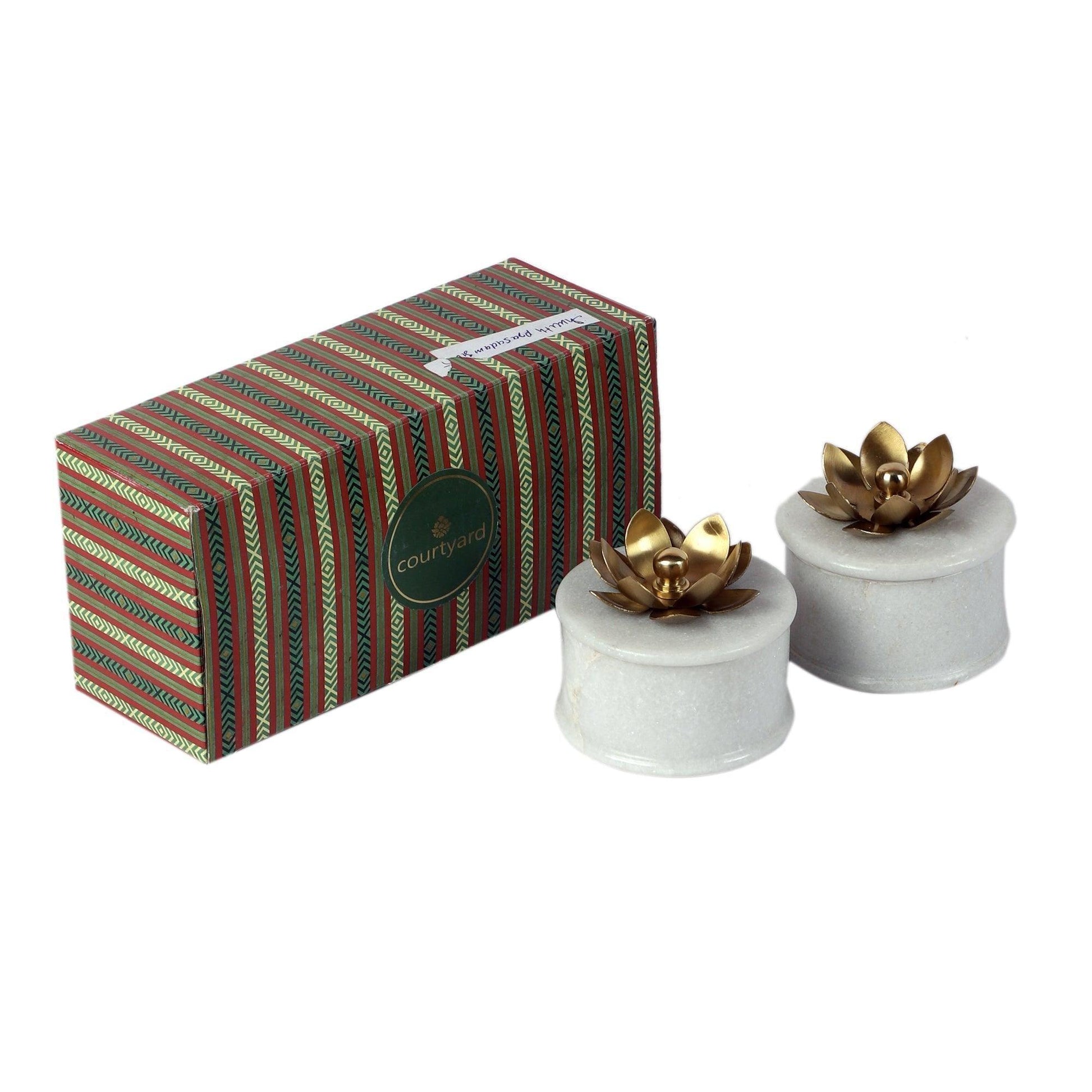 Buy Decor Objects - White Marble And Brass Shweth Prasadam Gift Set For Dining & Puja by Courtyard on IKIRU online store