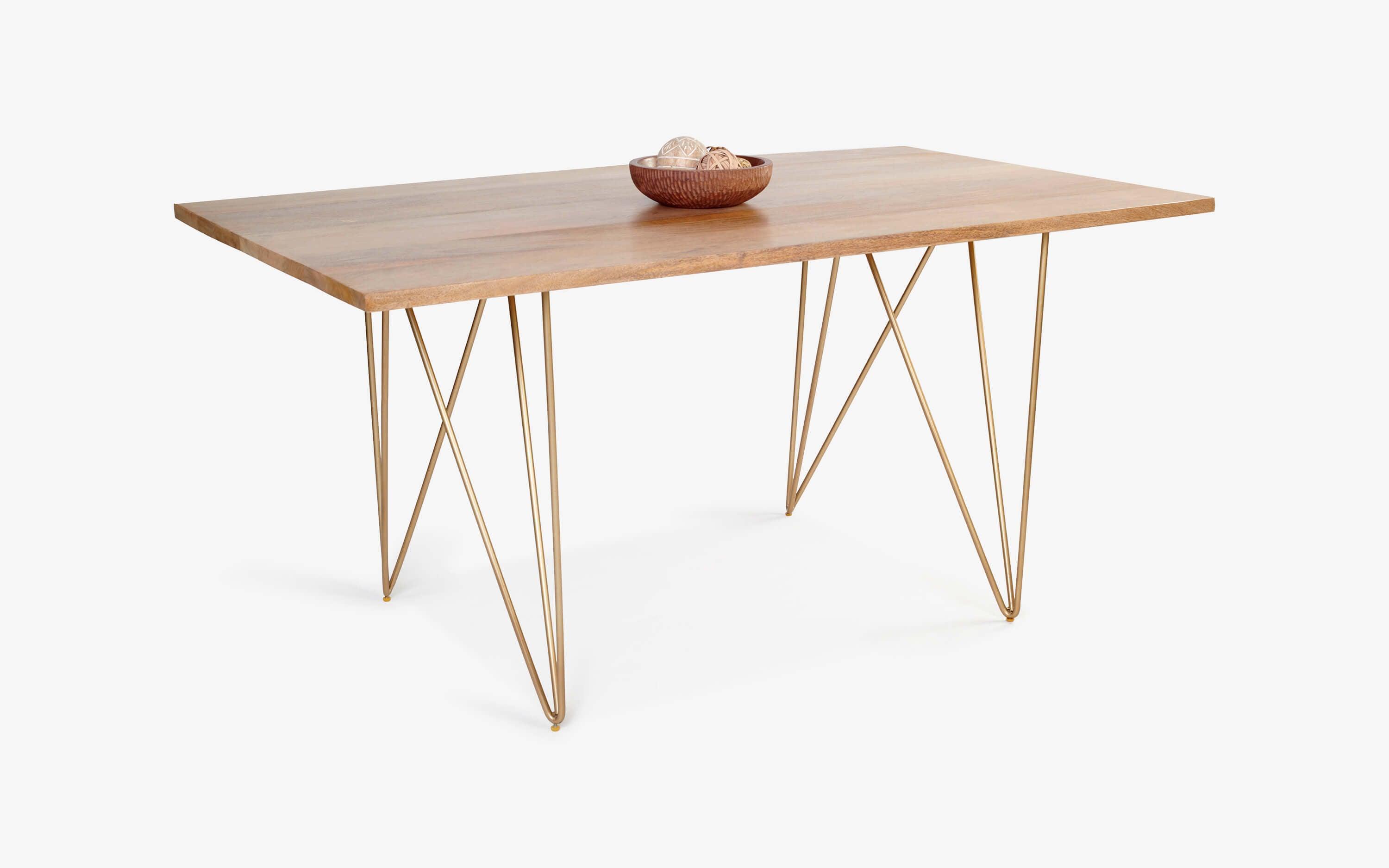 Buy Dining Table - Natural & Brass Finish Modern Art Deco Wooden Dining Table For Home by Orange Tree on IKIRU online store