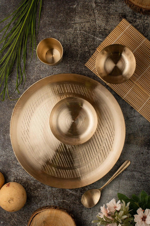 Buy Dinner Set - Bronze Utensils | Kansa Baby Dinner Set of 5 Bronze Utensils - 1 Thali 1 Sabzi Bowls 1 Dessert Bowl 1 Spoon & 1 Glass by Kansawala on IKIRU online store