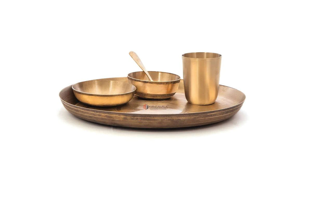 Buy Dinner Set - Bronze Utensils | Kansa Thali Dinner Set of 5 Bronze Bartan - 1 Thali, 1 Sabzi Bowls, 1 Dessert Bowl , 1 Spoon & 1 Glass by Kansawala on IKIRU online store