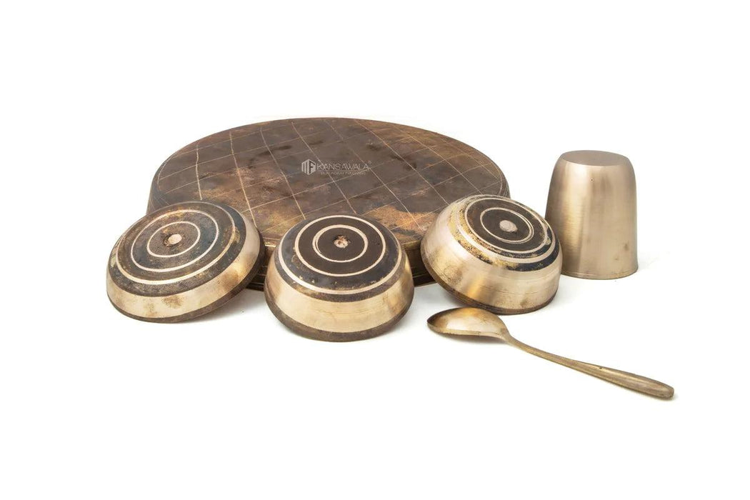 Buy Dinner Set - Bronze Utensils | Kansa Thali Dinner Set of 6 Bronze Bartan - 1 Thali 2 Sabzi Bowls 1 Dessert Bowl 1 Spoon & 1 Glass by Kansawala on IKIRU online store
