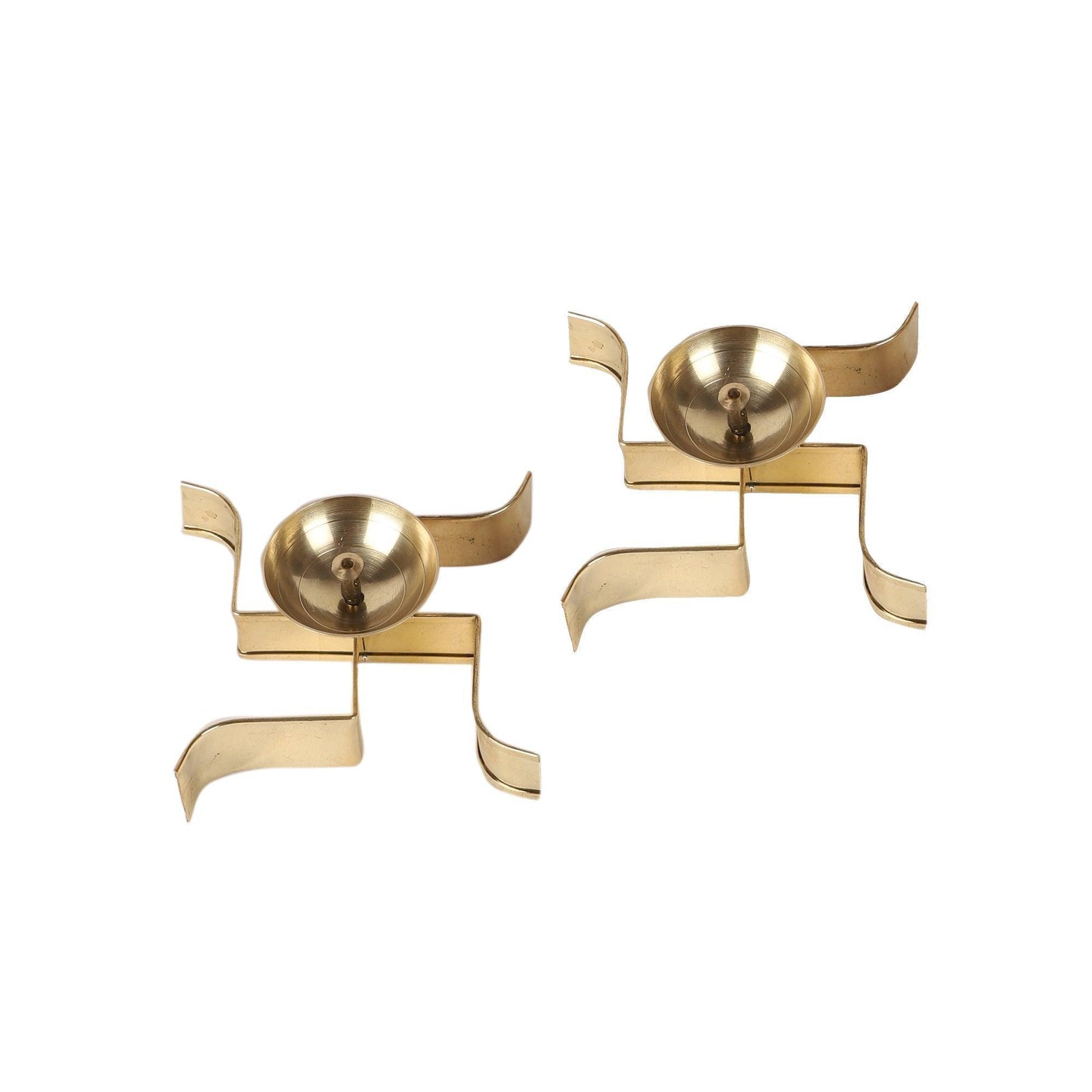 Buy Diya & Diya Stand - Golden Sleeping Satiya Diya Set Of 2 | Brass Swastik Tealight Holder by Amaya Decors on IKIRU online store