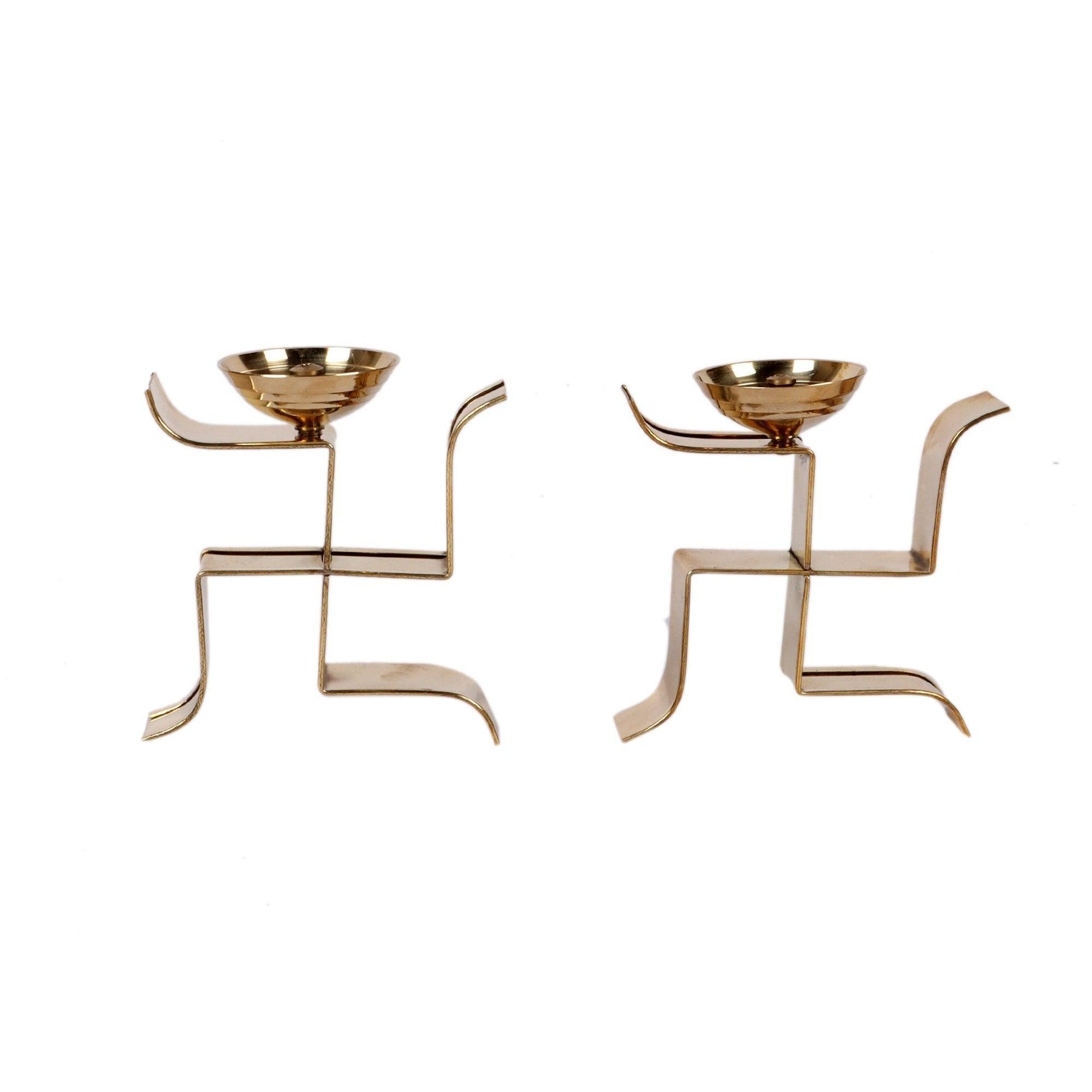 Buy Diya & Diya Stand - Golden Standing Satiya Diya Set Of 2 | Brass Swastik Tealight Holder by Amaya Decors on IKIRU online store