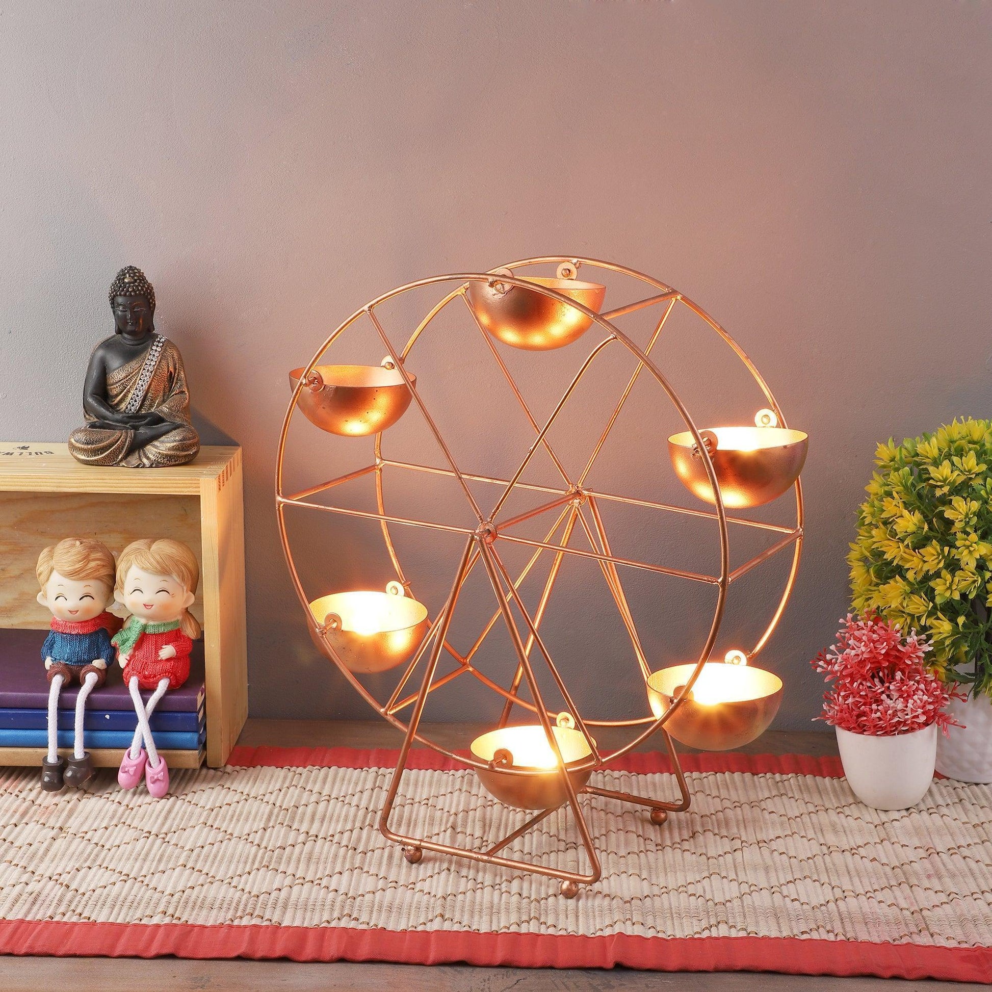 Buy Diya & Diya Stand - Metal Decorative Giant Wheel Tealight Holder | Round Diya Stand by Amaya Decors on IKIRU online store