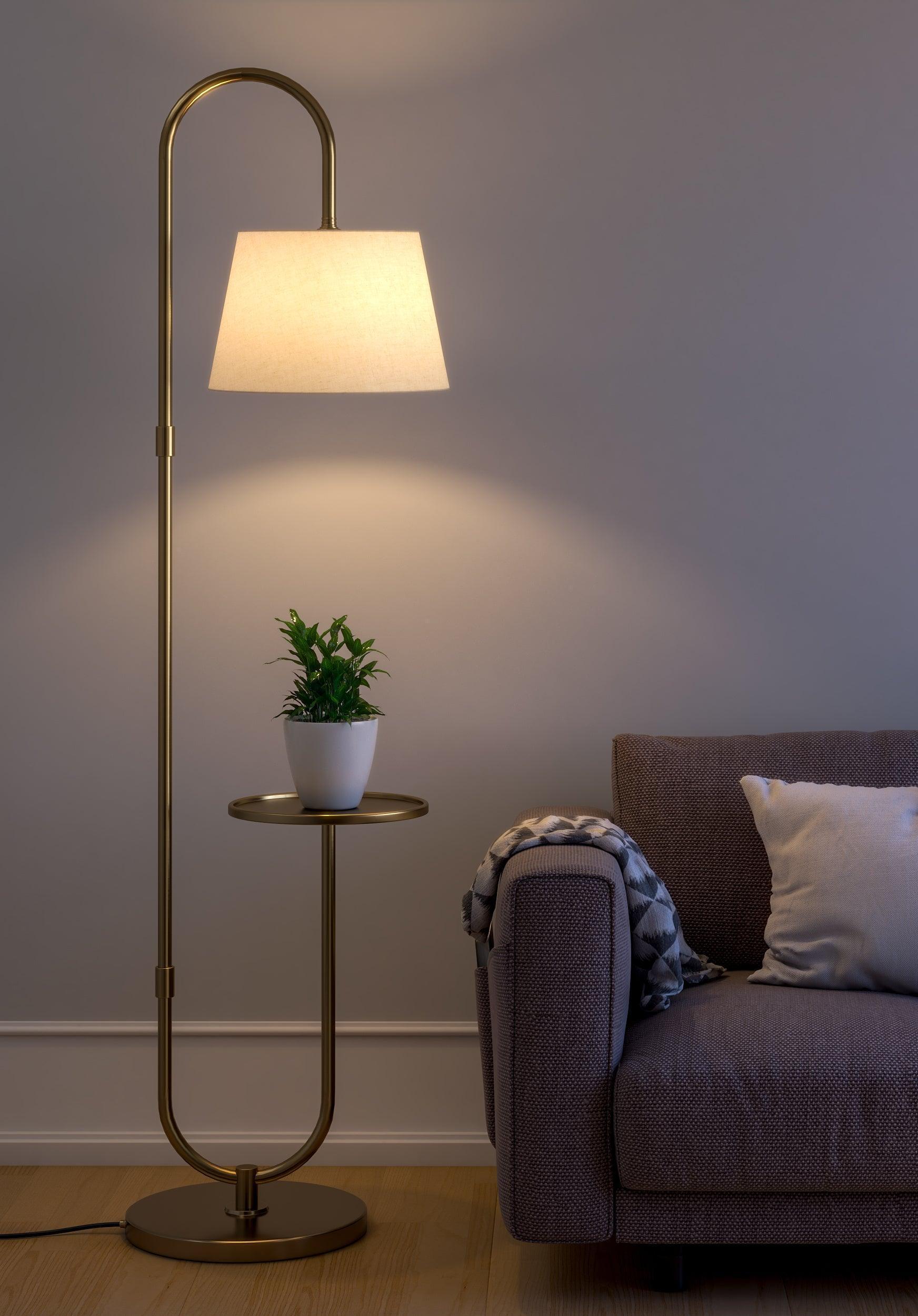 Brass Antique Curved Floor Lamp with Table Shelf for Living Room | Standing Lamp for Home Decor