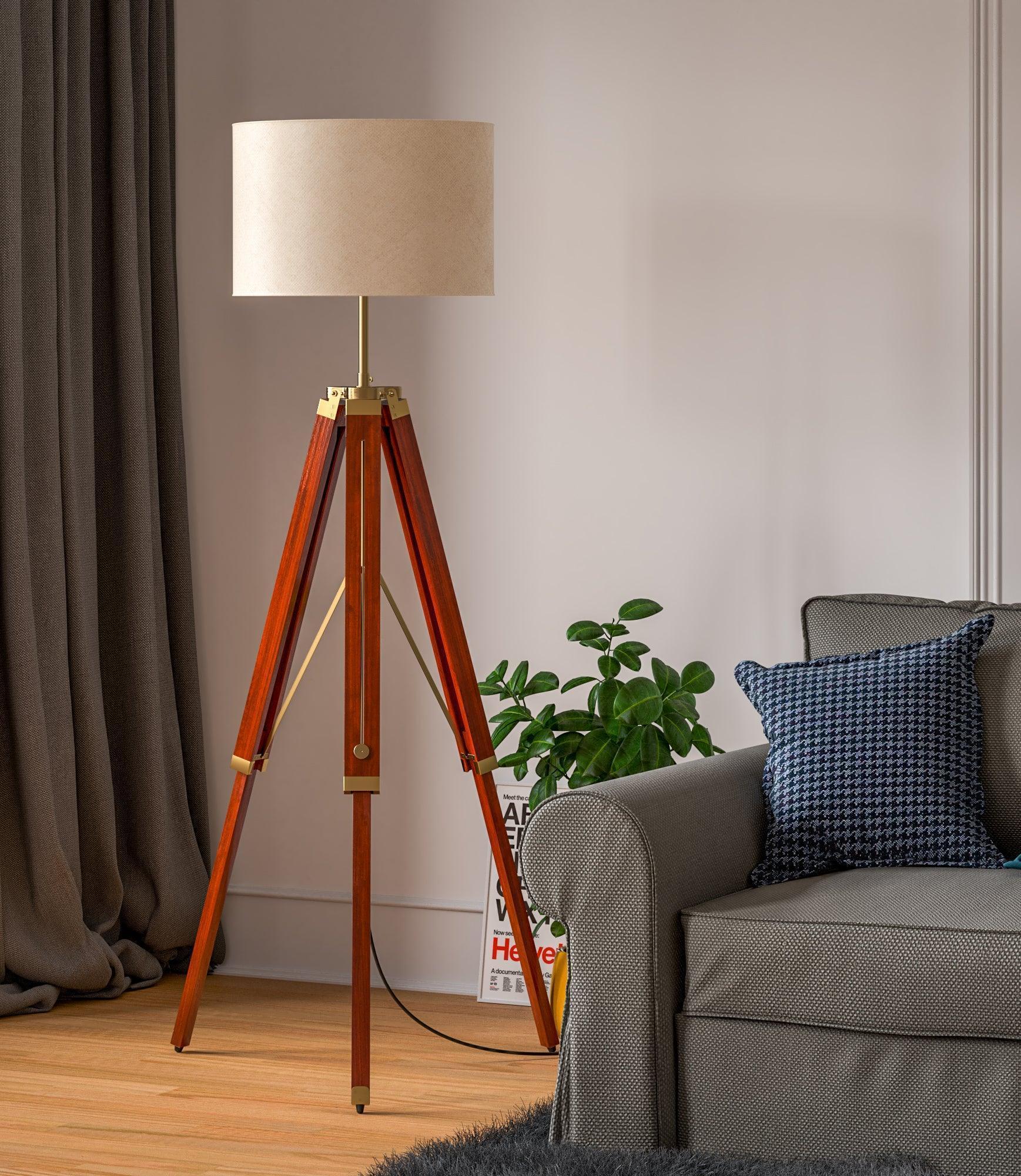Buy Floor Lamp - Brass Wooden Standing Tripod Floor Lamp by KP Lamps Store on IKIRU online store