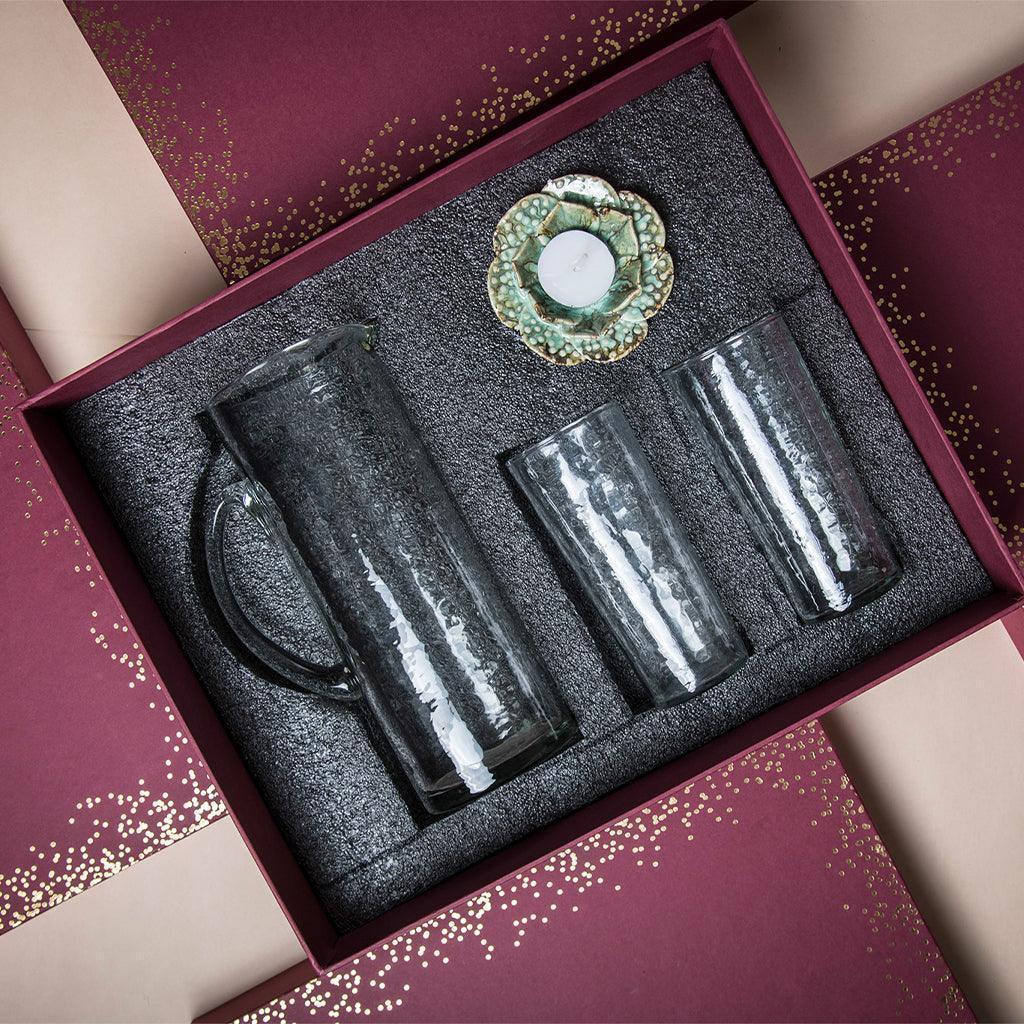 Buy Glasses & jug - Hammered Jug & Glass Set Gift Box For Kitchenware And Gifting by The Table Fable on IKIRU online store