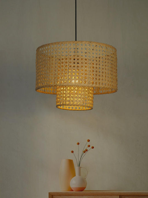 Buy Hanging Lights - Natural Rattan Cane Double Drum Shade Pendant Light by Fos Lighting on IKIRU online store