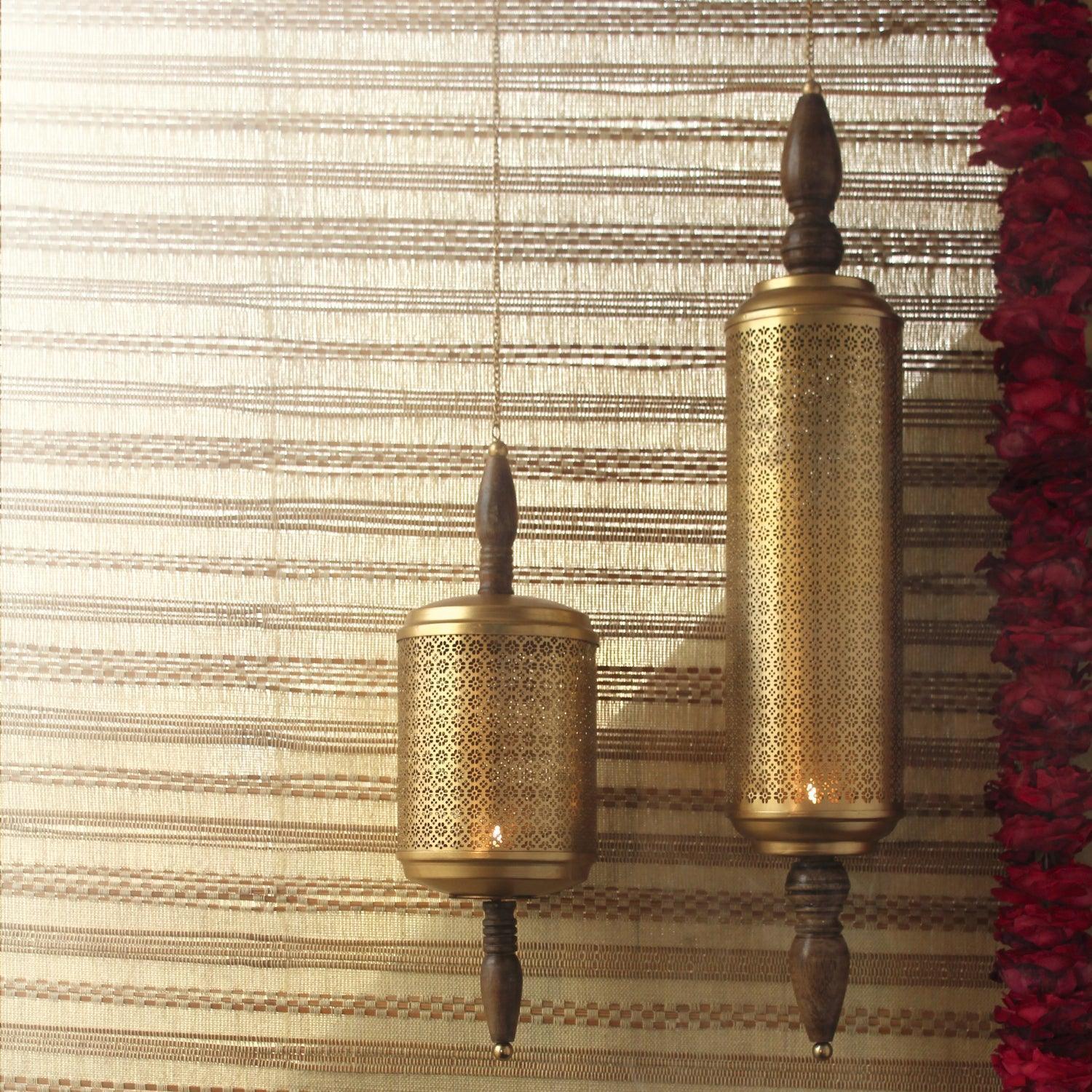 Buy Hanging Lights - Rumi & Ruhani Metallic And Wood Finish T Light Holder For Home Festive Decor by Courtyard on IKIRU online store