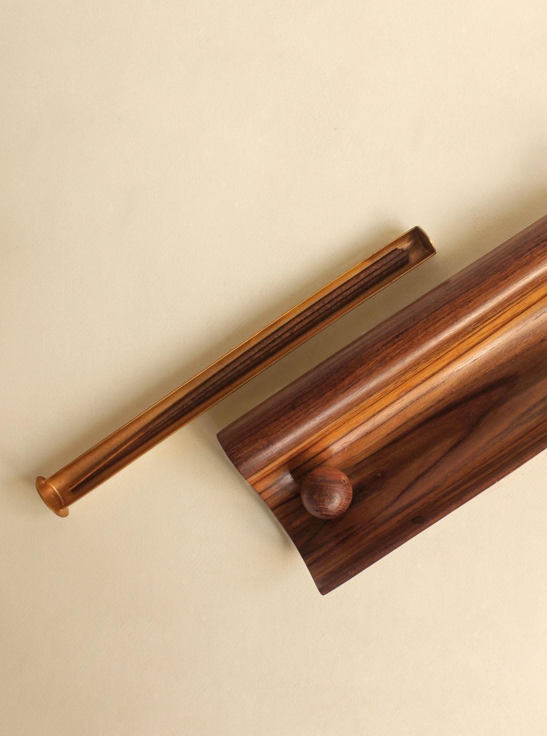 Buy Incense Burner & Holder - Agarbatti Storage Holder Stand For Mandir and Puja Ghar | Teak Wood & Brass by Studio Indigene on IKIRU online store