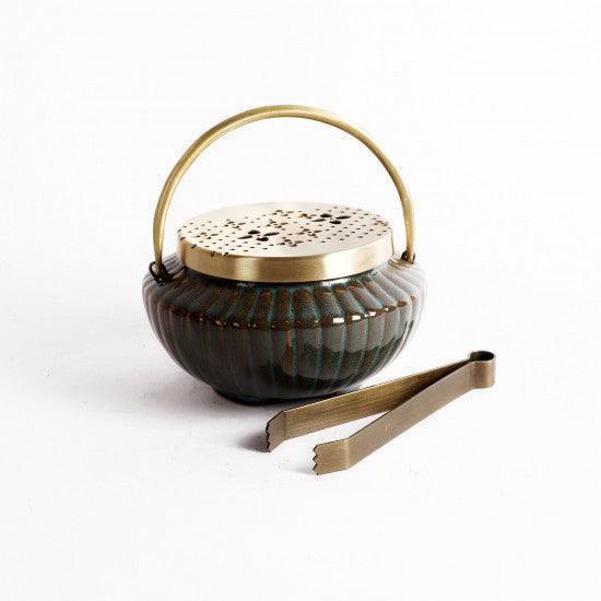 Buy Incense Burner & Holder - Green Ceramic & Brass Mandala Fumer With Tong For Puja Essential by Courtyard on IKIRU online store