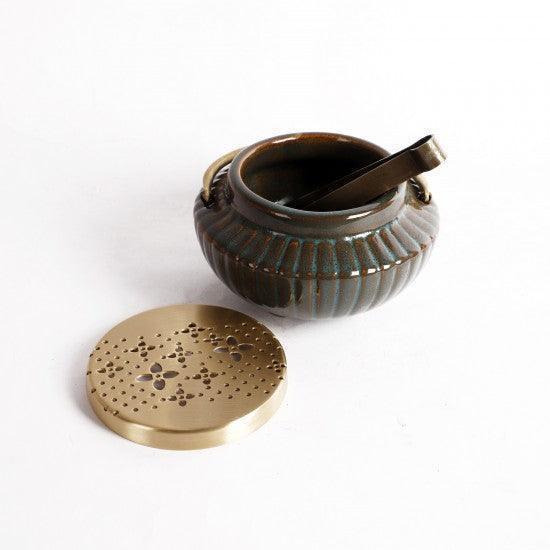 Buy Incense Burner & Holder - Green Ceramic & Brass Mandala Fumer With Tong For Puja Essential by Courtyard on IKIRU online store