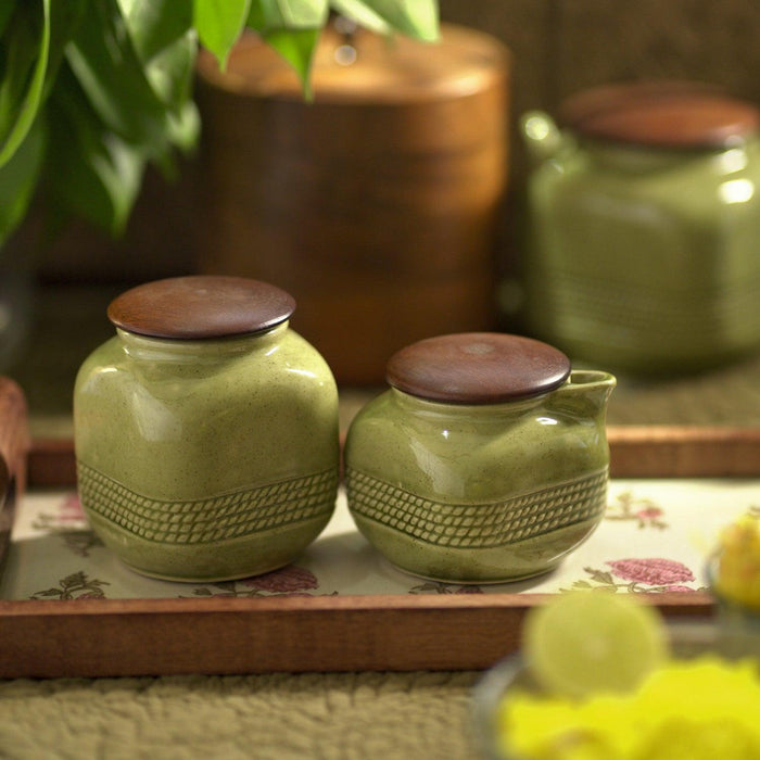 Buy Jars - Amiya Green Ceramic Milk & Sugar Pot With Wooden Lid | Cheeni Bartan For Serving Coffee by Courtyard on IKIRU online store