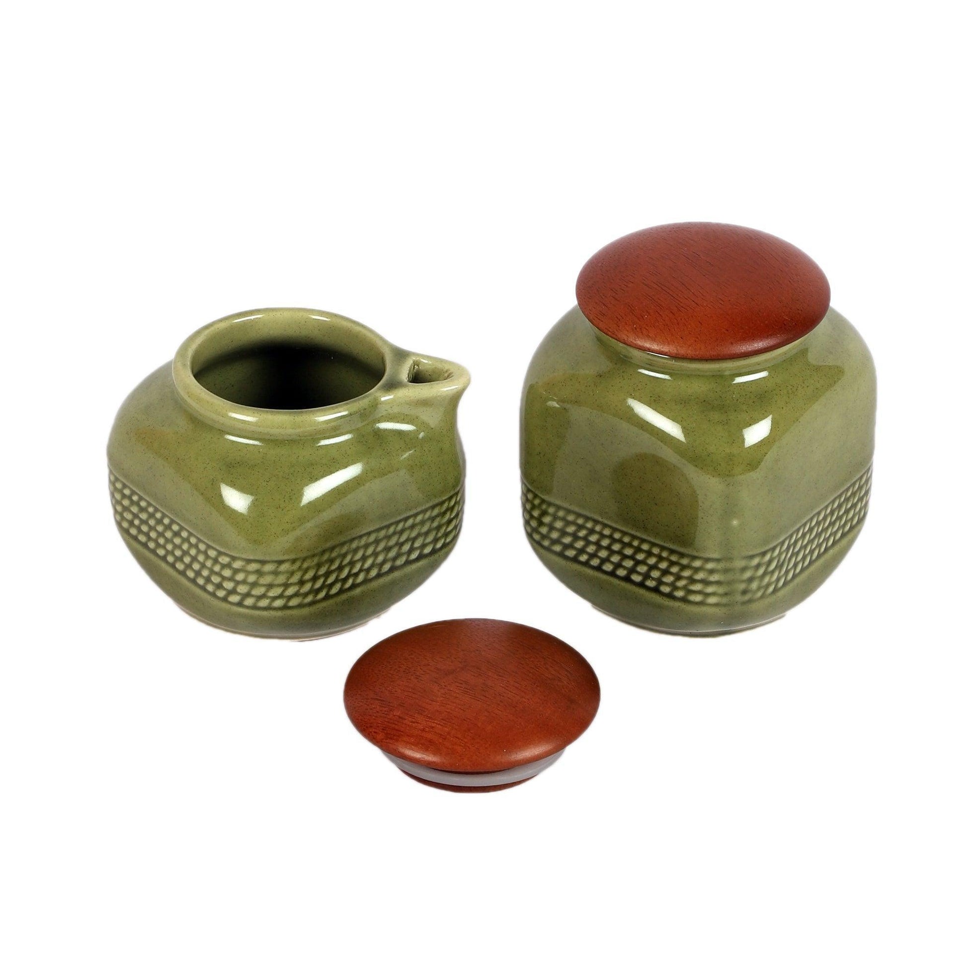 Buy Jars - Amiya Green Ceramic Milk & Sugar Pot With Wooden Lid | Cheeni Bartan For Serving Coffee by Courtyard on IKIRU online store