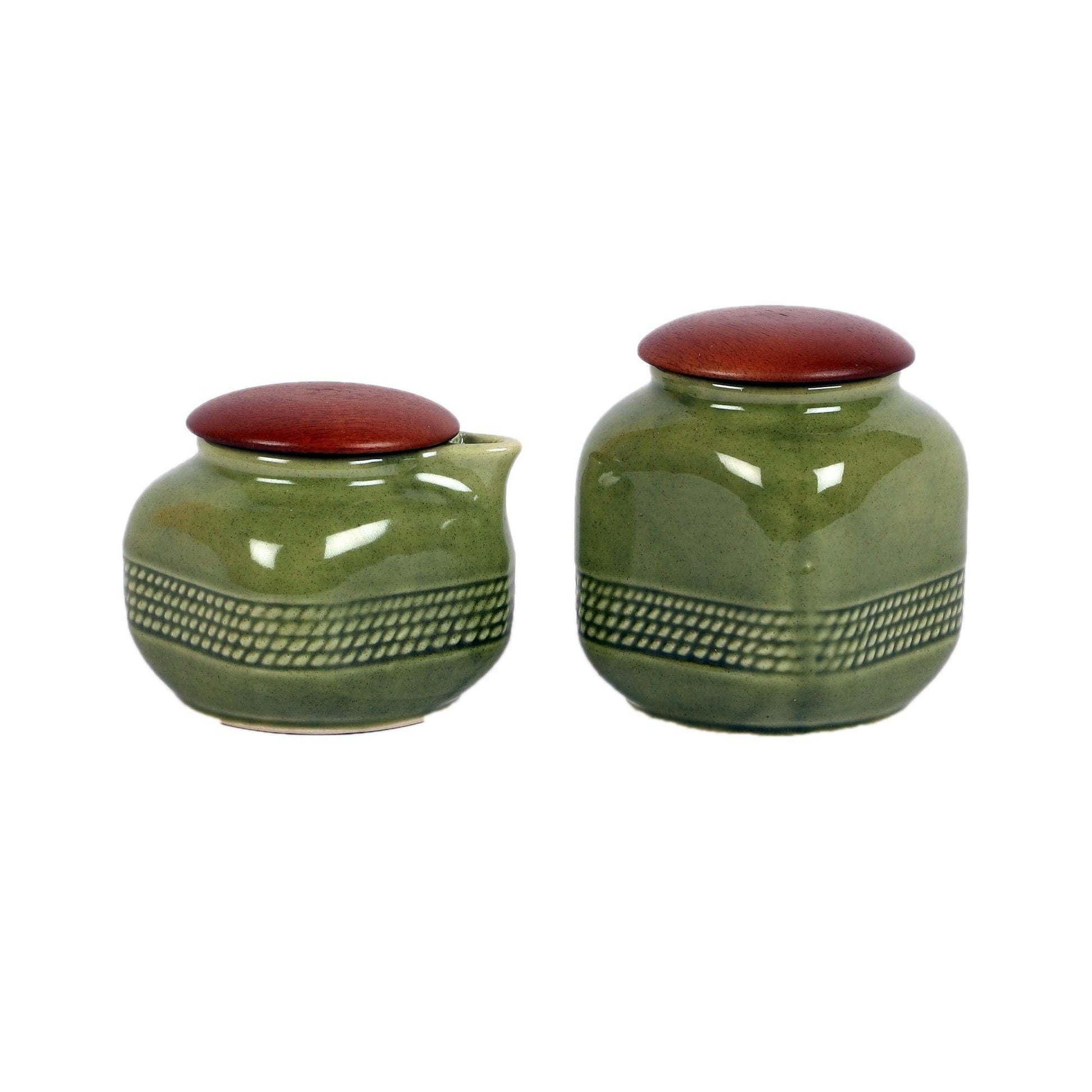 Buy Jars - Amiya Green Ceramic Milk & Sugar Pot With Wooden Lid | Cheeni Bartan For Serving Coffee by Courtyard on IKIRU online store