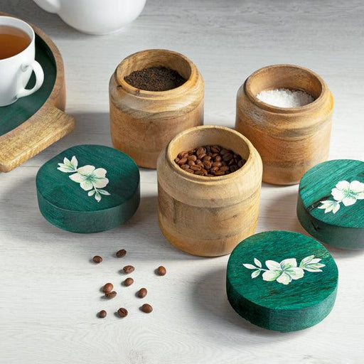Buy Jars - Set of 3 Wooden Jars Snacks Container With Teal Green Floral Printed Lids by Houmn on IKIRU online store
