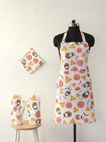 Buy Kitchen Apron - Multicolour Printed Cotton Apron Set With Oven Mitten Gloves & Pot Holder Set by House this on IKIRU online store