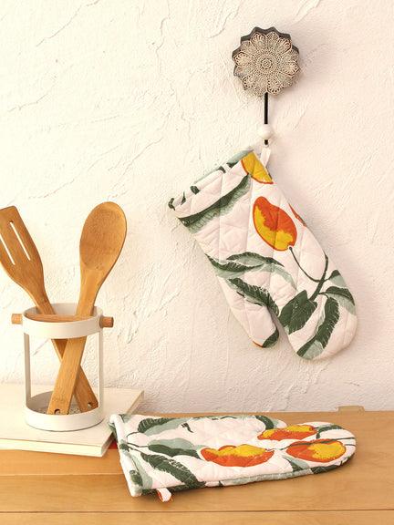 Buy Kitchen Gloves - Yellow Oven Mitten Set of 2 Floral Printed Cotton Glove For Microwave by House this on IKIRU online store