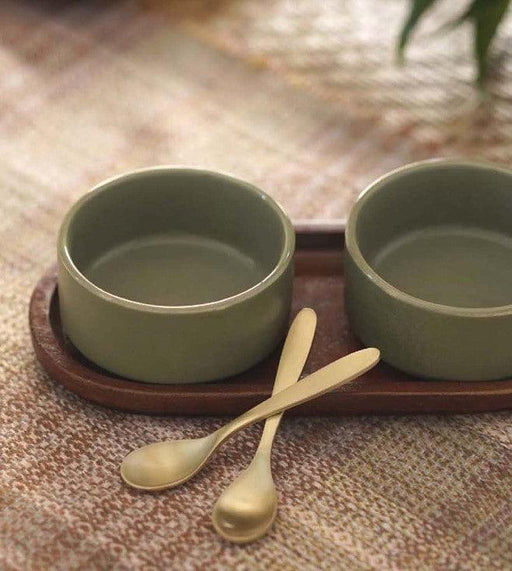 Buy Kitchen Utilities - Dogri Condiment Set With Brass Spoons | Multipurpose Serving Bowl With Wood Tray For Table by Courtyard on IKIRU online store