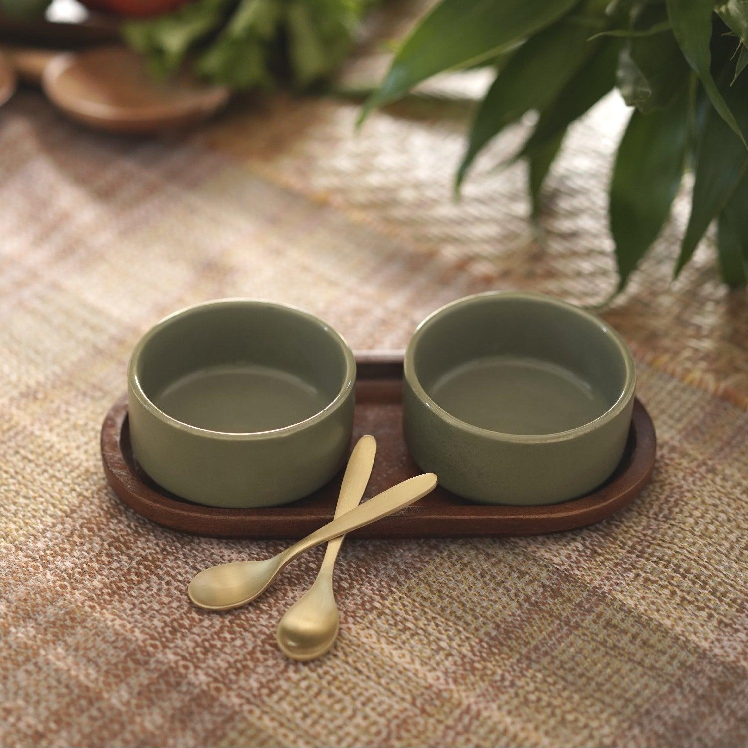 Buy Kitchen Utilities - Dogri Condiment Set With Brass Spoons | Multipurpose Serving Bowl With Wood Tray For Table by Courtyard on IKIRU online store