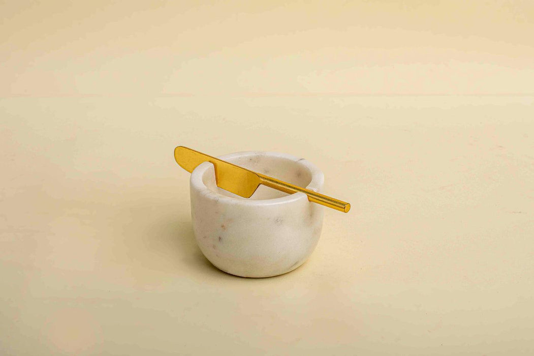 Buy Kitchen Utilities - White Marble & Brass Butter Dish With Knife For Kitchen & Dining by Muun Home on IKIRU online store