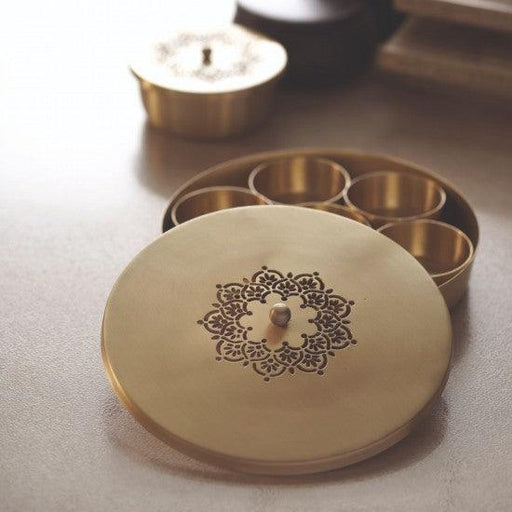 Buy Masala Box - Mandala Brass Spice Box With Lid | Golden Masala Daani For Kitchen by Courtyard on IKIRU online store